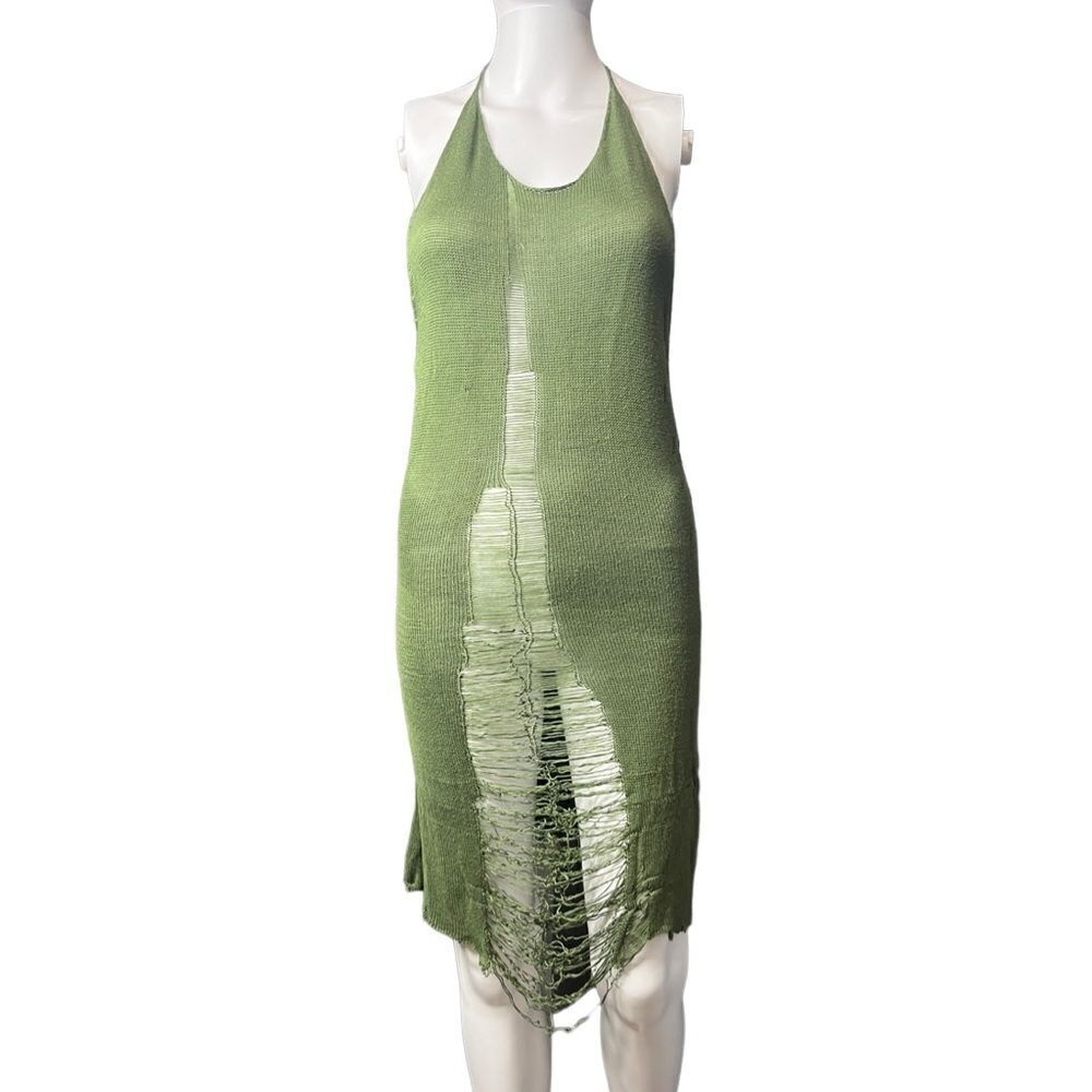 Local European Distressed Halter Cover Up Dress Green Size Small